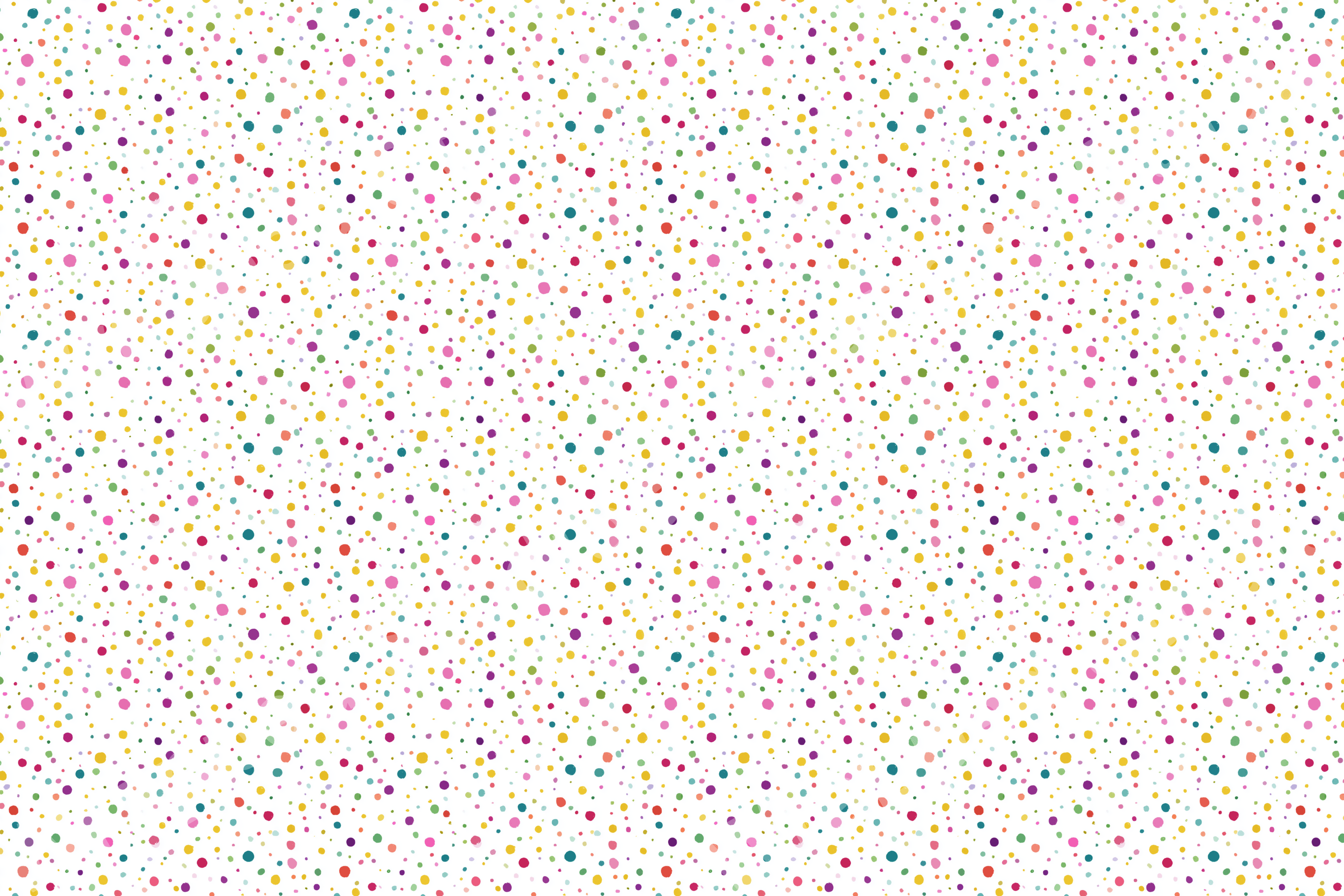 Playful confetti dot pattern with a vibrant, colorful mix of red, orange, pink, purple, blue, green, and yellow on white.
