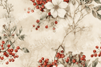 Vintage botanical floral pattern with white flowers and red winter berries on a warm beige background.