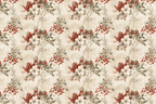 Vintage botanical floral pattern featuring white flowers and red winter berries on a cream background.