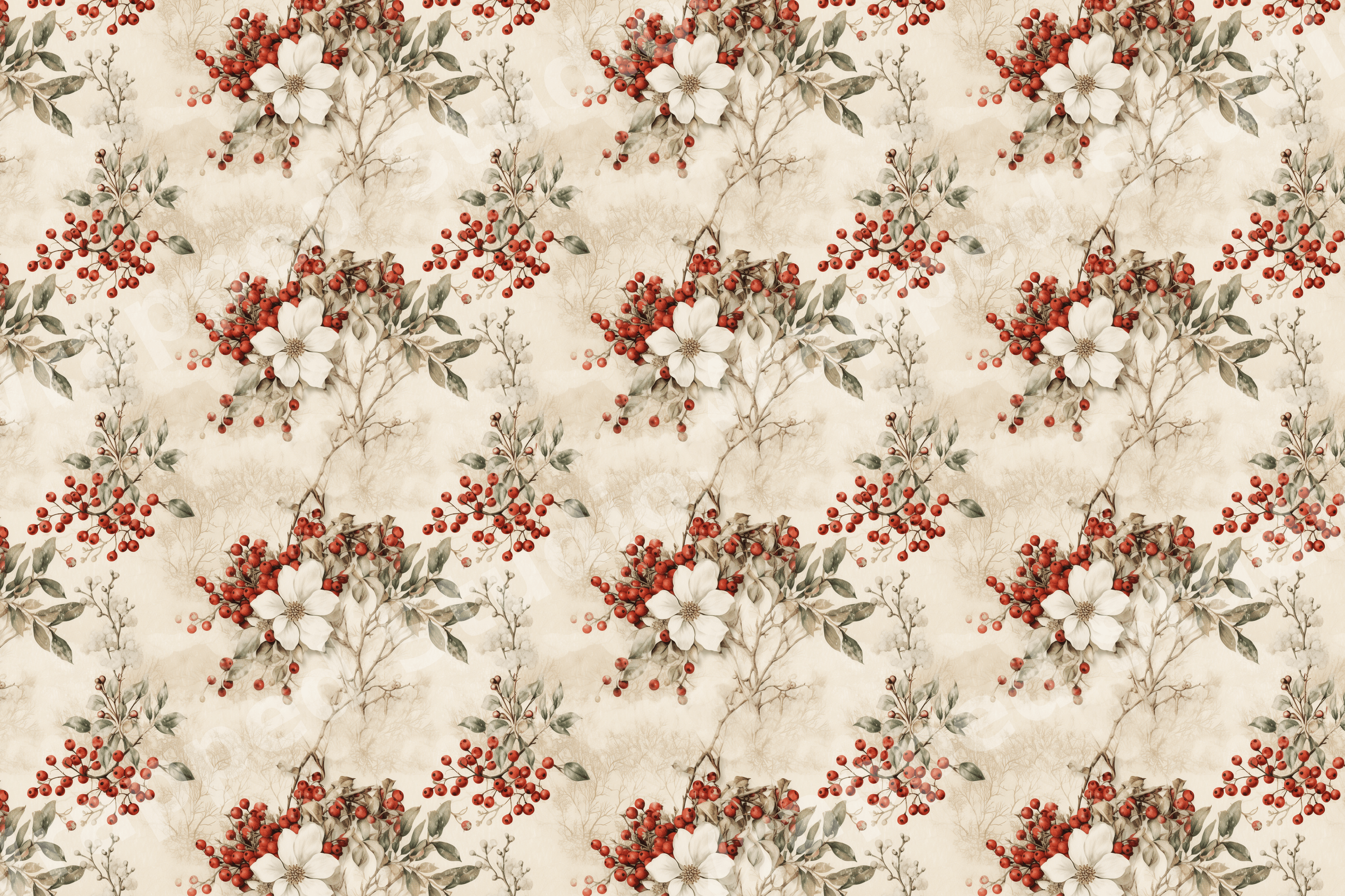 Vintage botanical floral pattern featuring white flowers and red winter berries on a cream background.