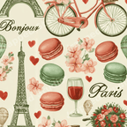 Romantic vintage Paris pattern with the Eiffel Tower, macarons, blossoms, and a red bicycle.