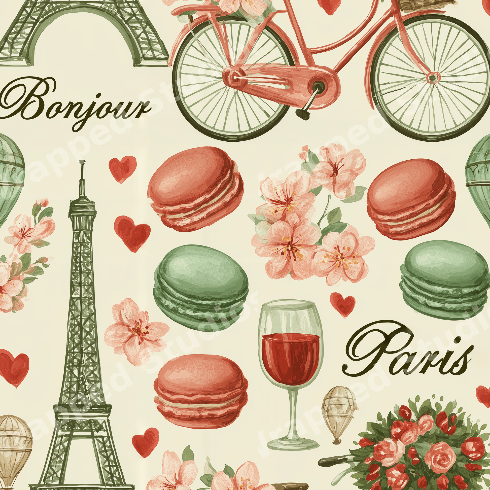 Romantic vintage Paris pattern with the Eiffel Tower, macarons, blossoms, and a red bicycle.