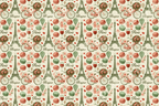 Vintage Paris pattern with Eiffel towers, bicycles, and macarons in sage green and dusty rose.