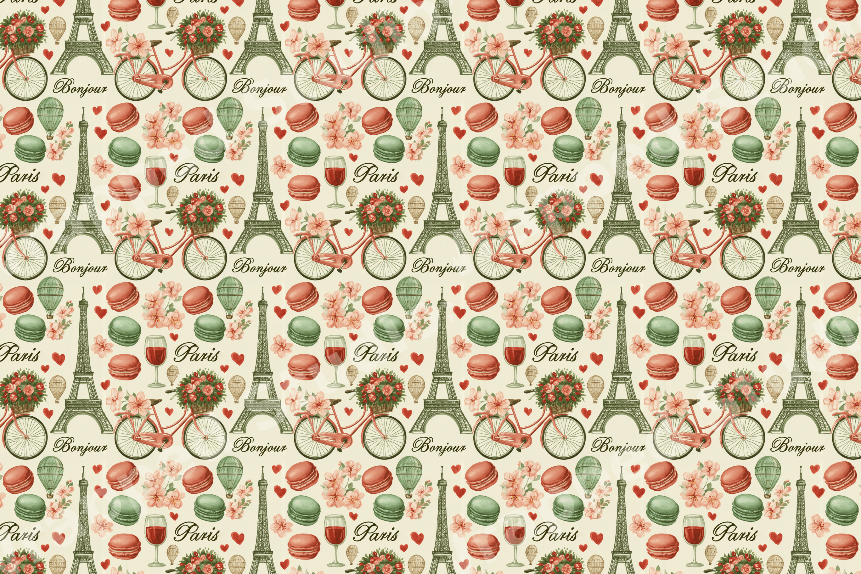 Vintage Paris pattern with Eiffel towers, bicycles, and macarons in sage green and dusty rose.