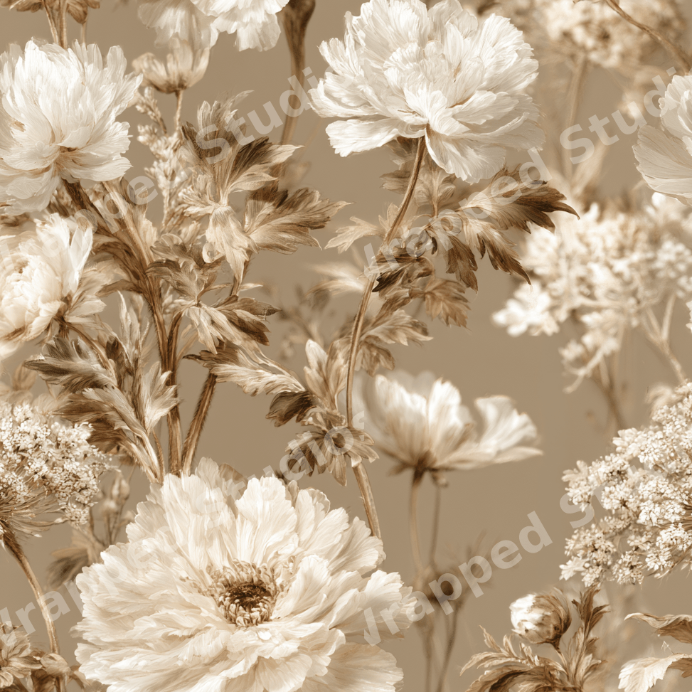Elegant vintage botanical floral pattern with cream peonies and wildflowers on a warm beige background.
