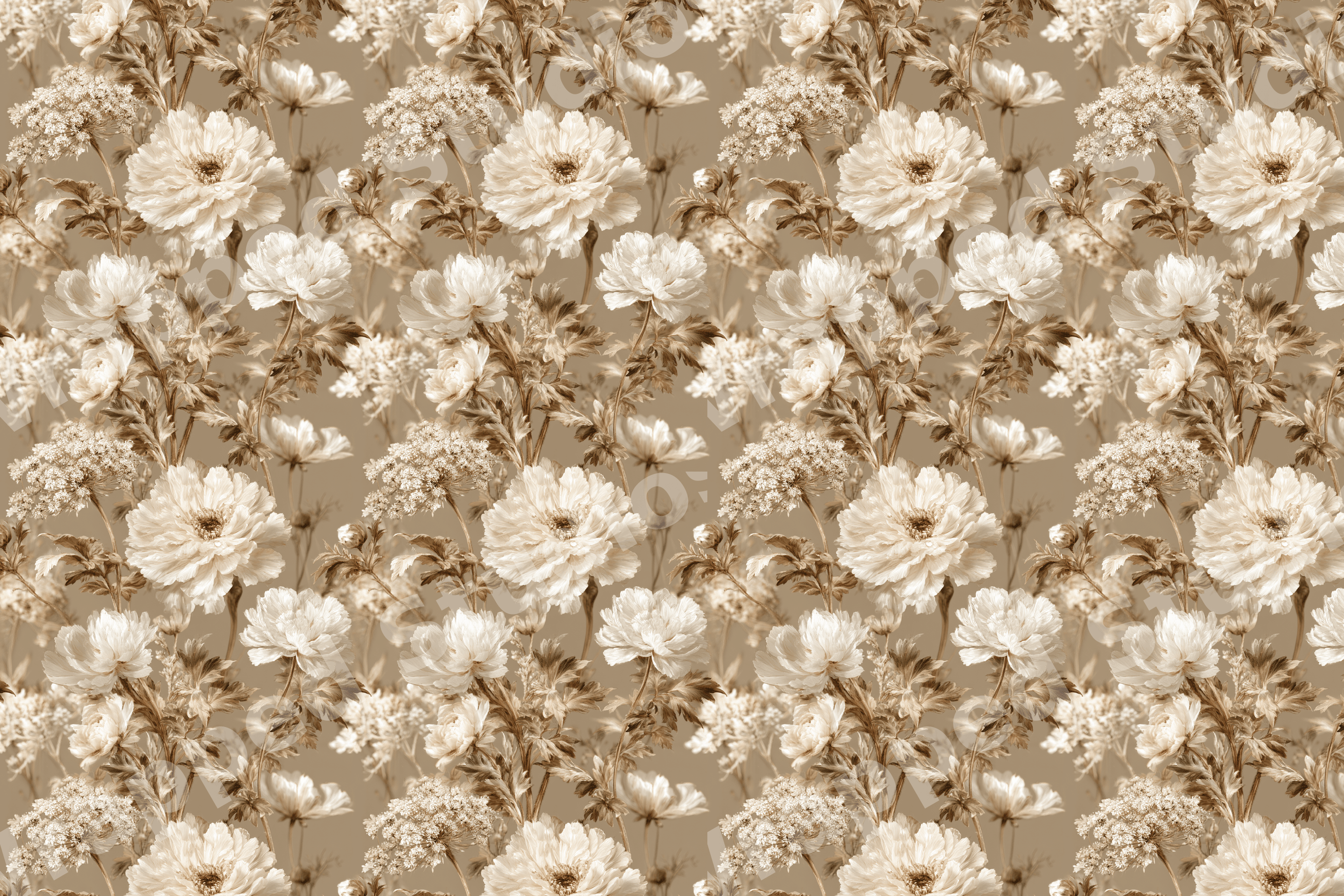 Elegant vintage floral pattern featuring cream peony blossoms and wildflowers in warm sepia tones.