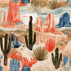Southwest desert landscape pattern featuring painted cacti and mesas in terracotta, olive, and blue.