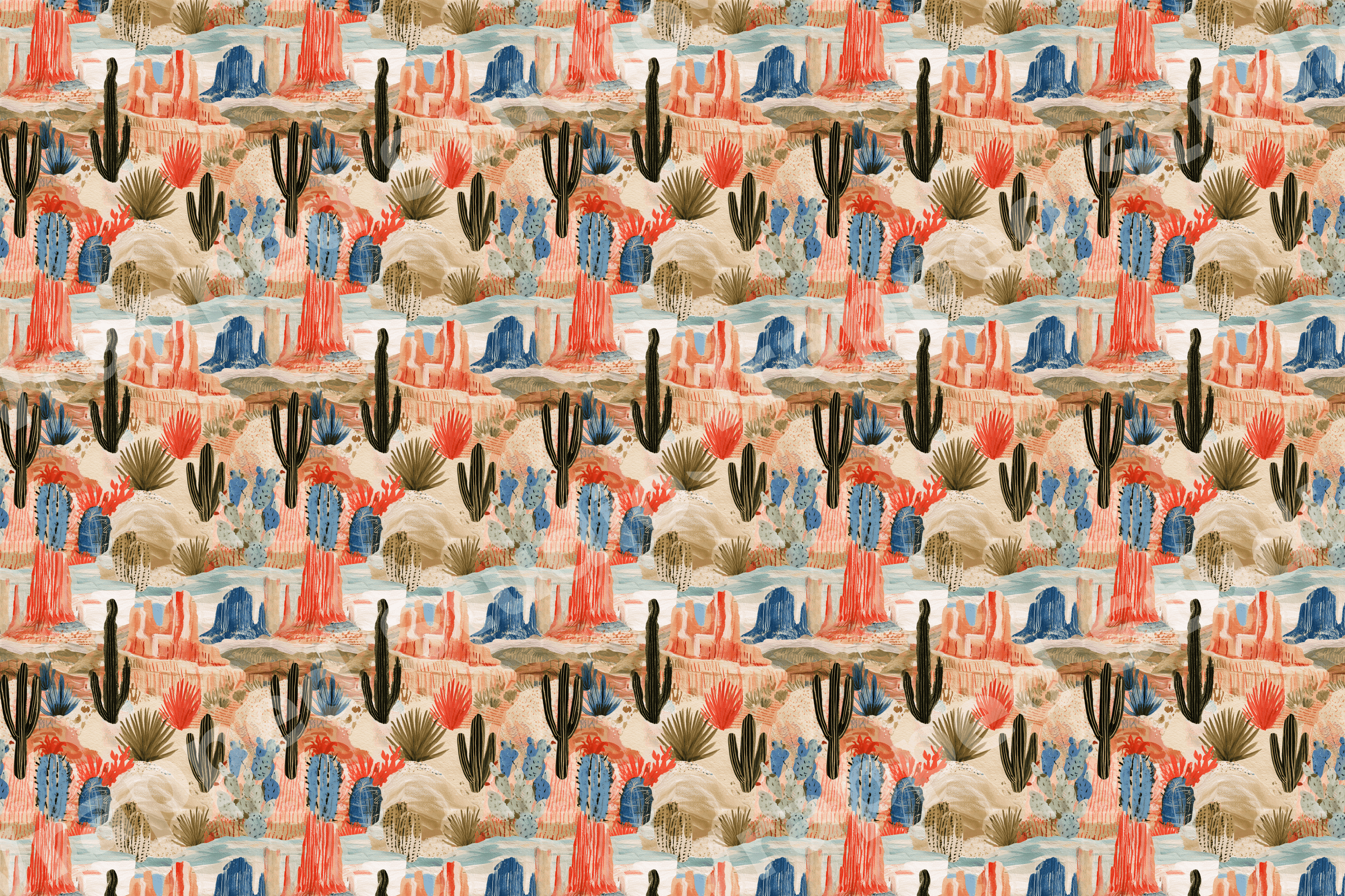 Southwest desert pattern featuring watercolor cacti and terracotta red rock mesas in an artistic boho style.