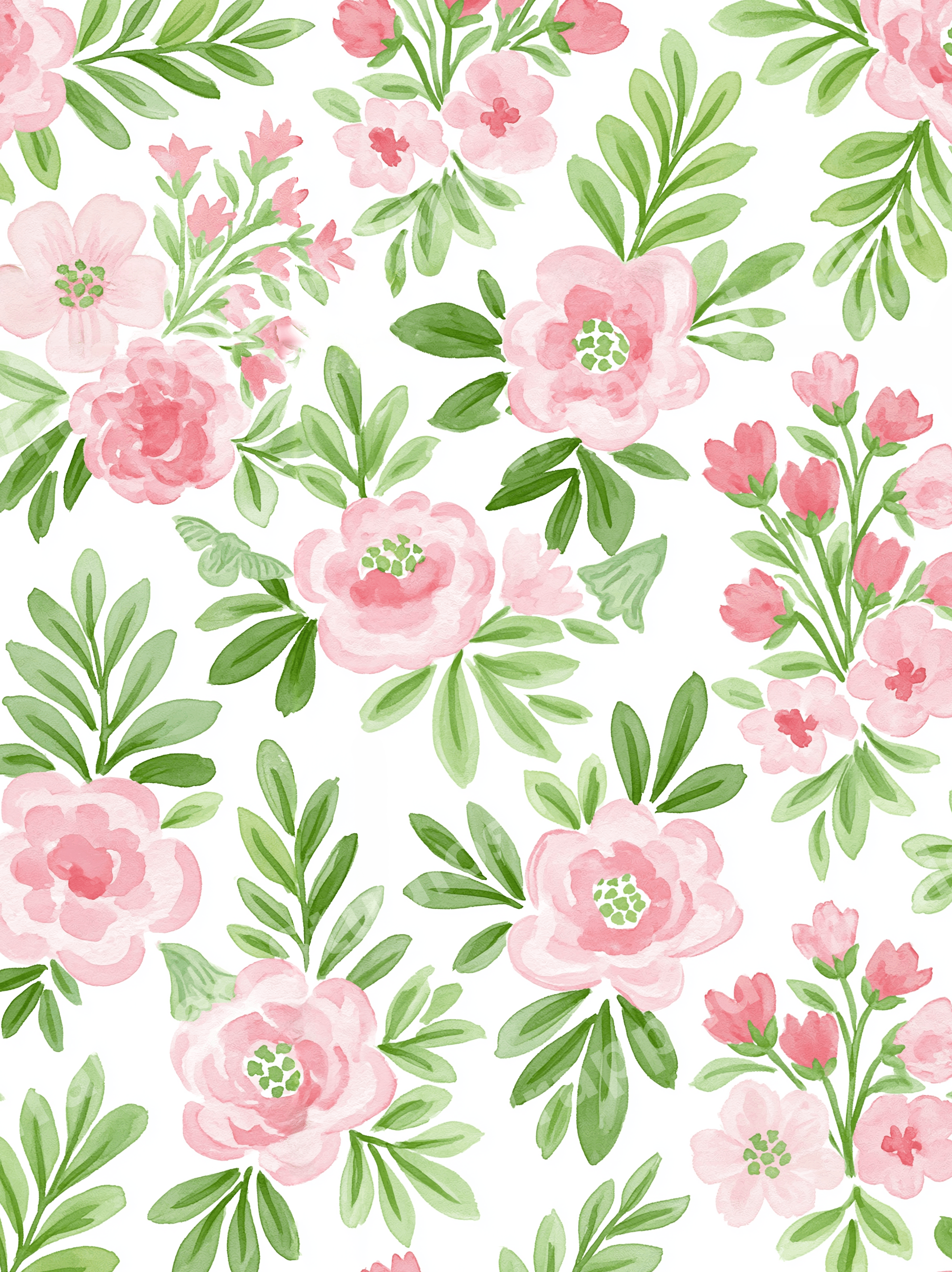 Watercolor floral pattern with soft pink roses and green leaves on a white background.
