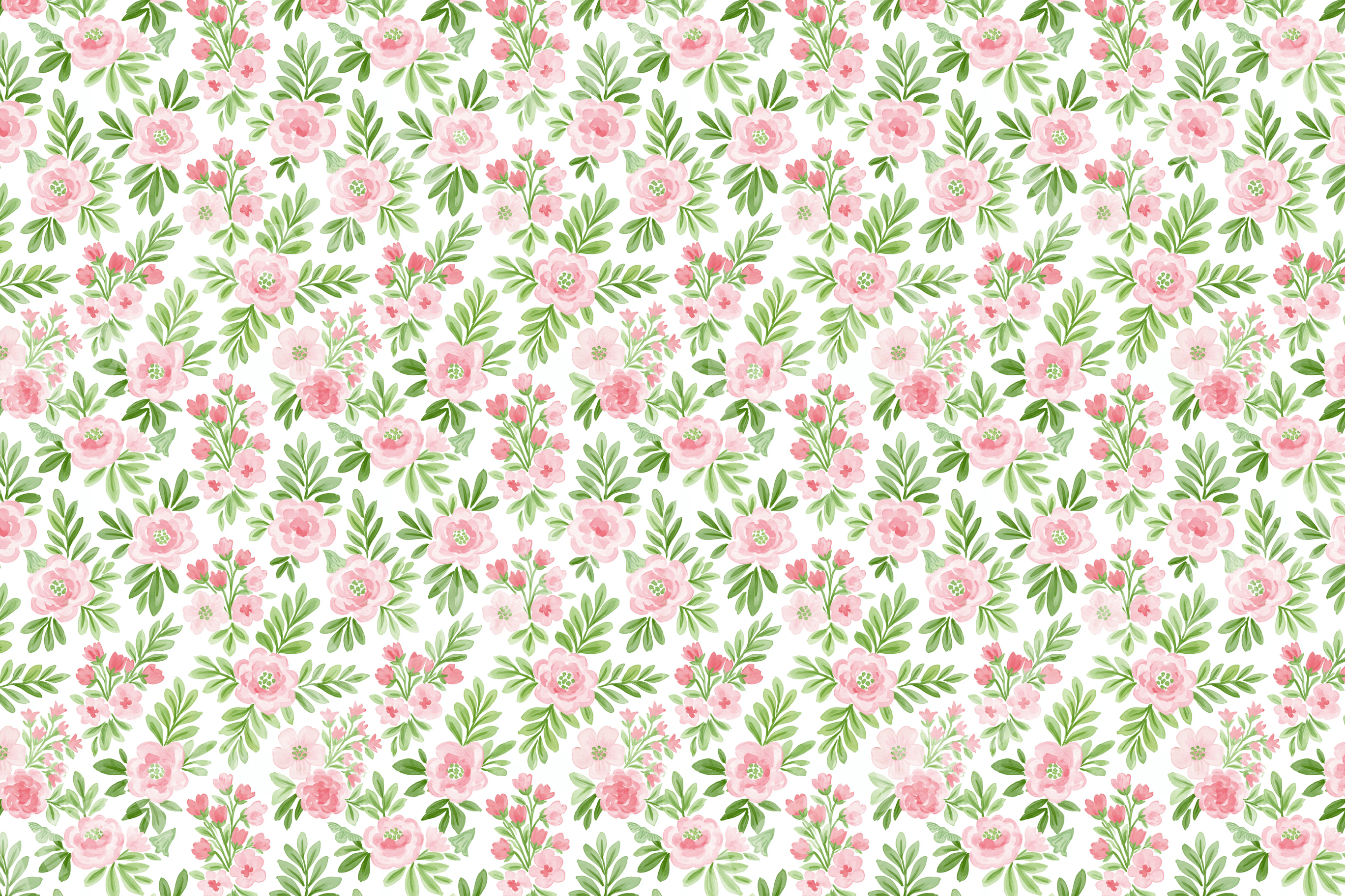 Dainty vintage floral pattern with soft pink watercolor flowers and green leaves on a seamless white background.