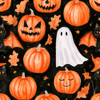 Seamless watercolor Halloween pattern featuring cute pumpkins, ghosts, and black cats on a dark background.