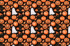 Spooky watercolor Halloween pattern with orange pumpkins, white ghosts, and black cats on a black background.