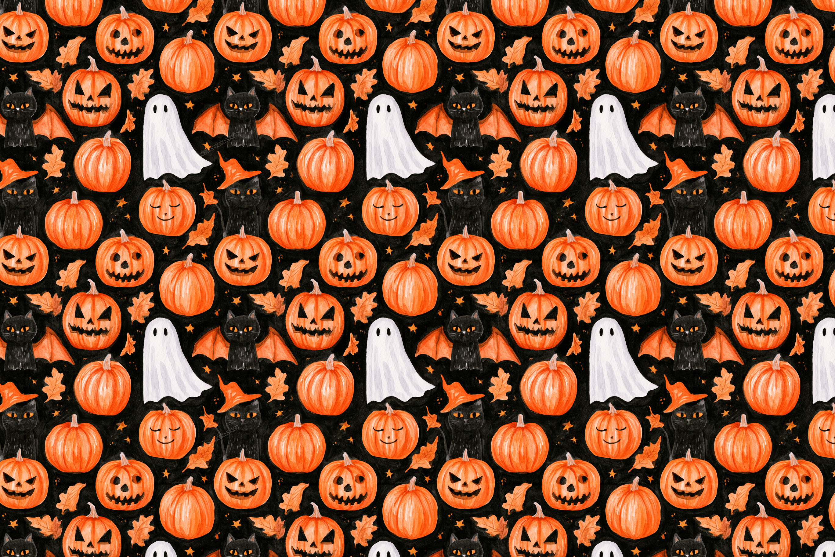 Spooky watercolor Halloween pattern with orange pumpkins, white ghosts, and black cats on a black background.