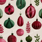 Holiday ornament pattern with red and green watercolor illustrations and botanical elements.