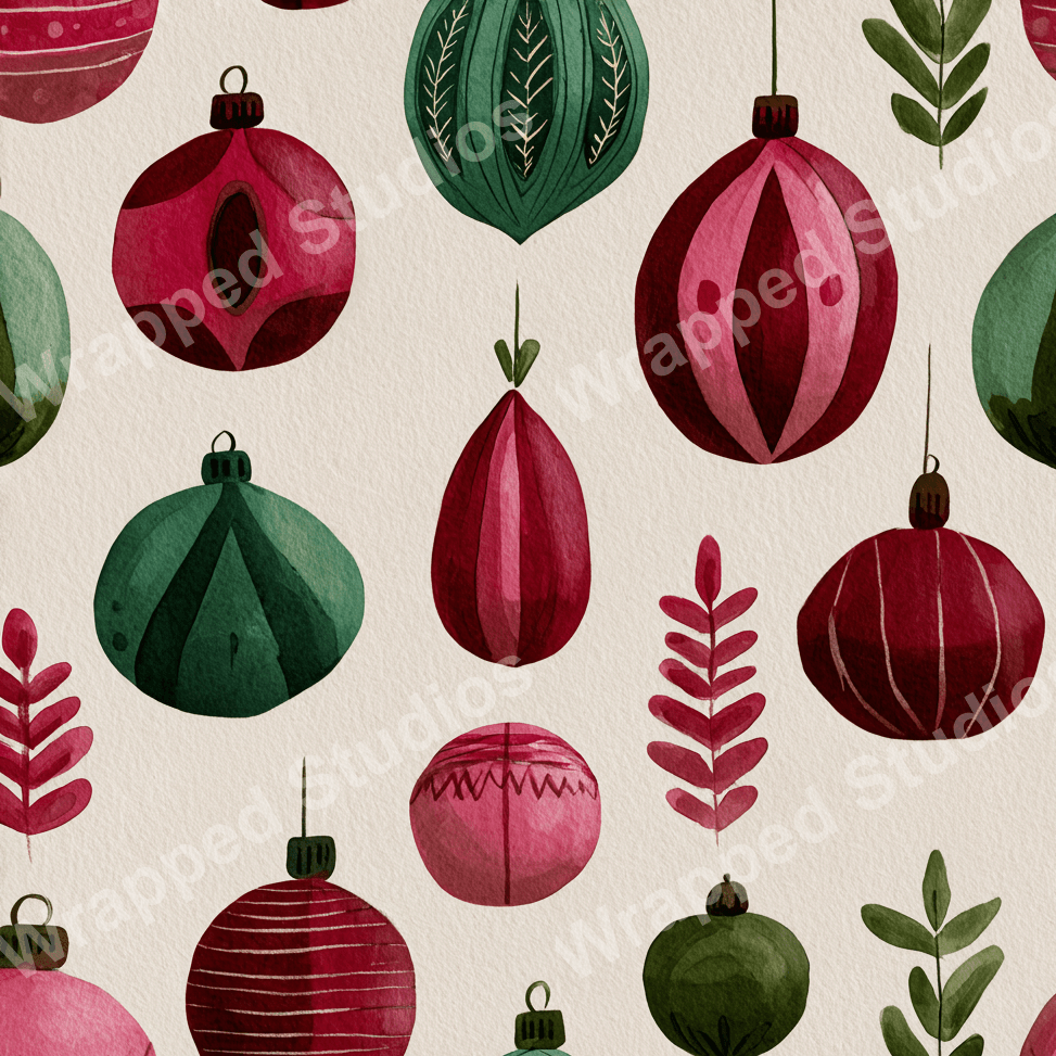 Holiday ornament pattern with red and green watercolor illustrations and botanical elements.