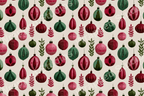 A festive seamless Christmas pattern featuring red and green ornaments and foliage on a light background.