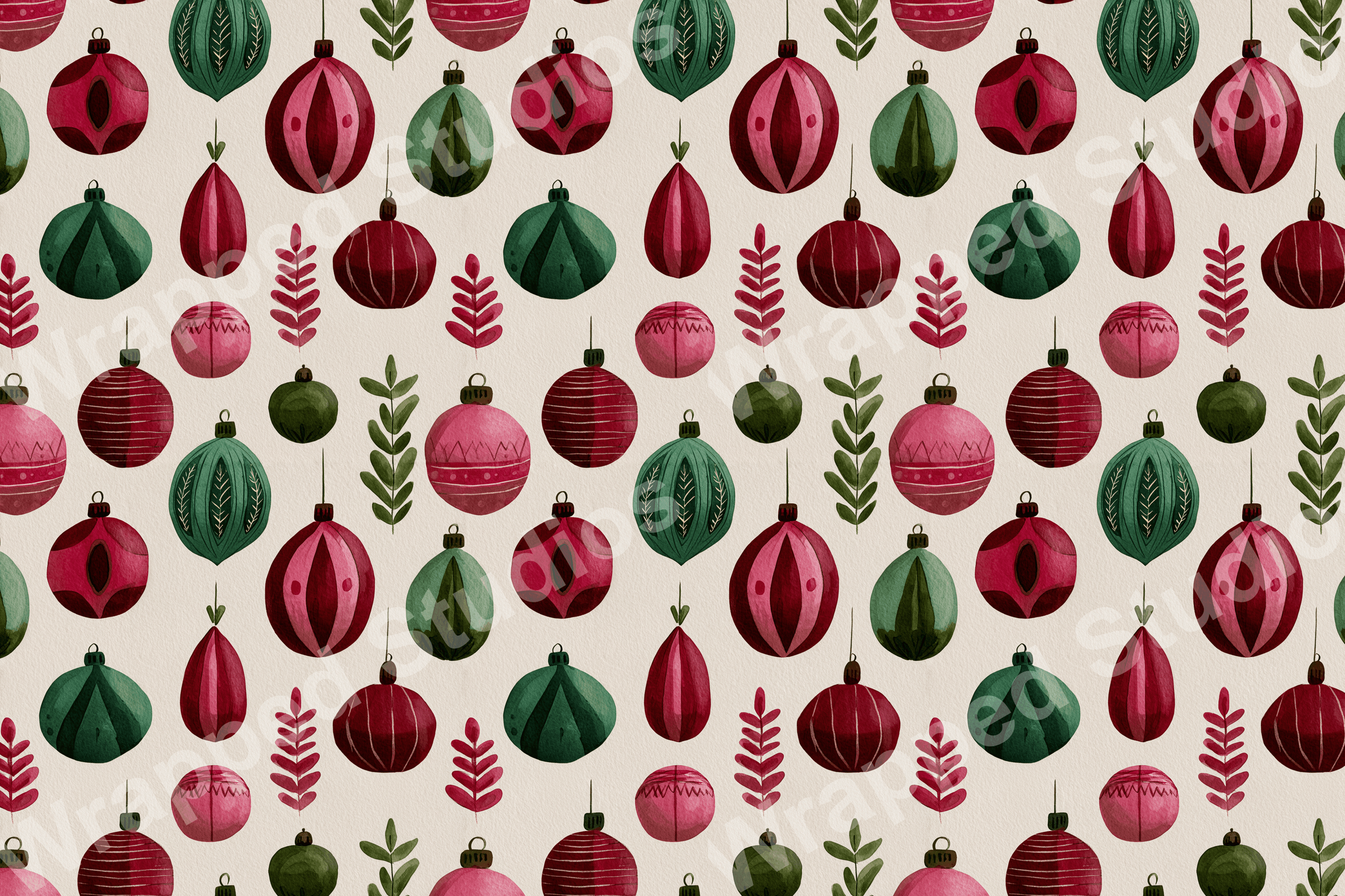 A festive seamless Christmas pattern featuring red and green ornaments and foliage on a light background.