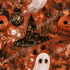 Spooky vintage Halloween pattern featuring ghosts, witch hats, jack-o'-lanterns, and fall botanicals.