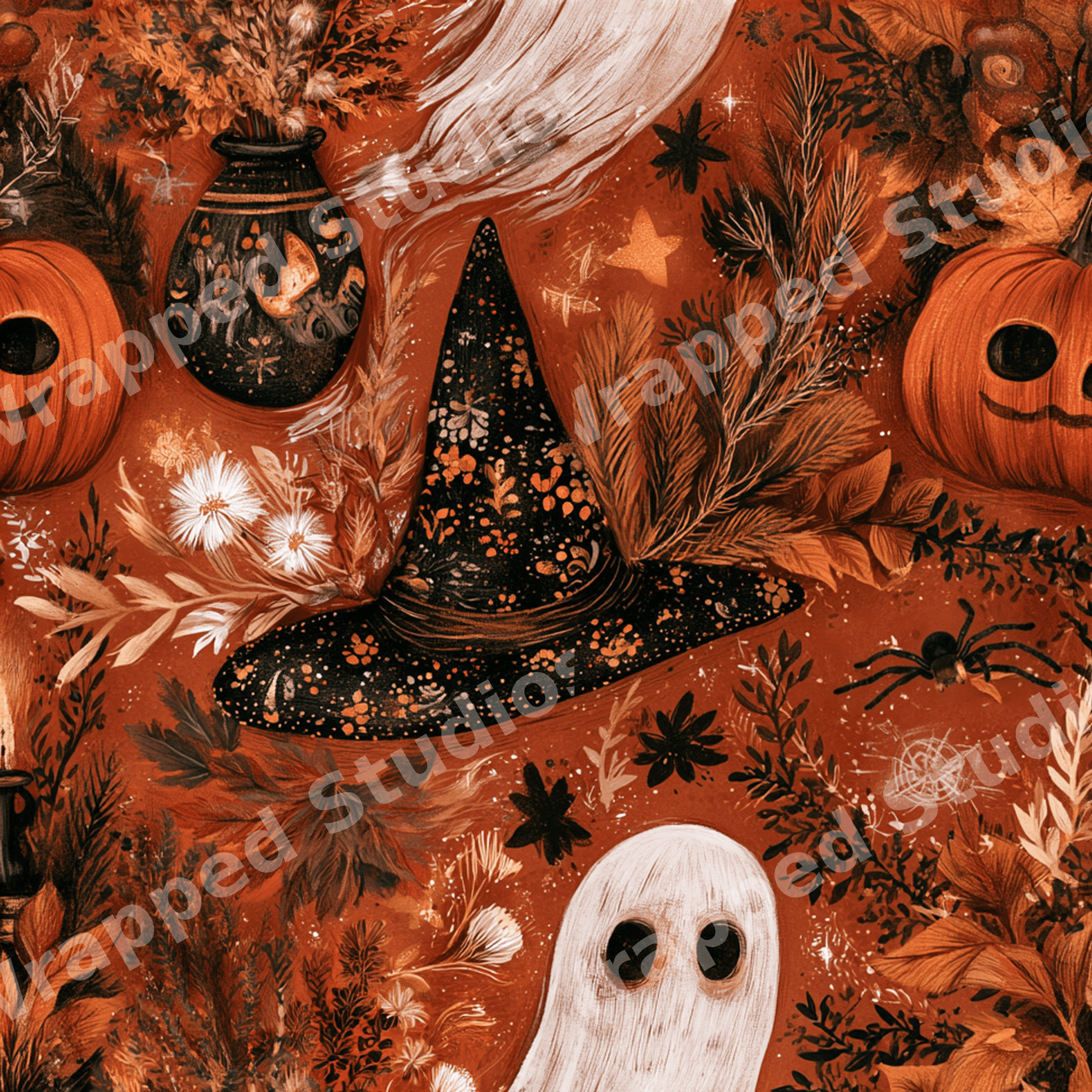 Spooky vintage Halloween pattern featuring ghosts, witch hats, jack-o'-lanterns, and fall botanicals.