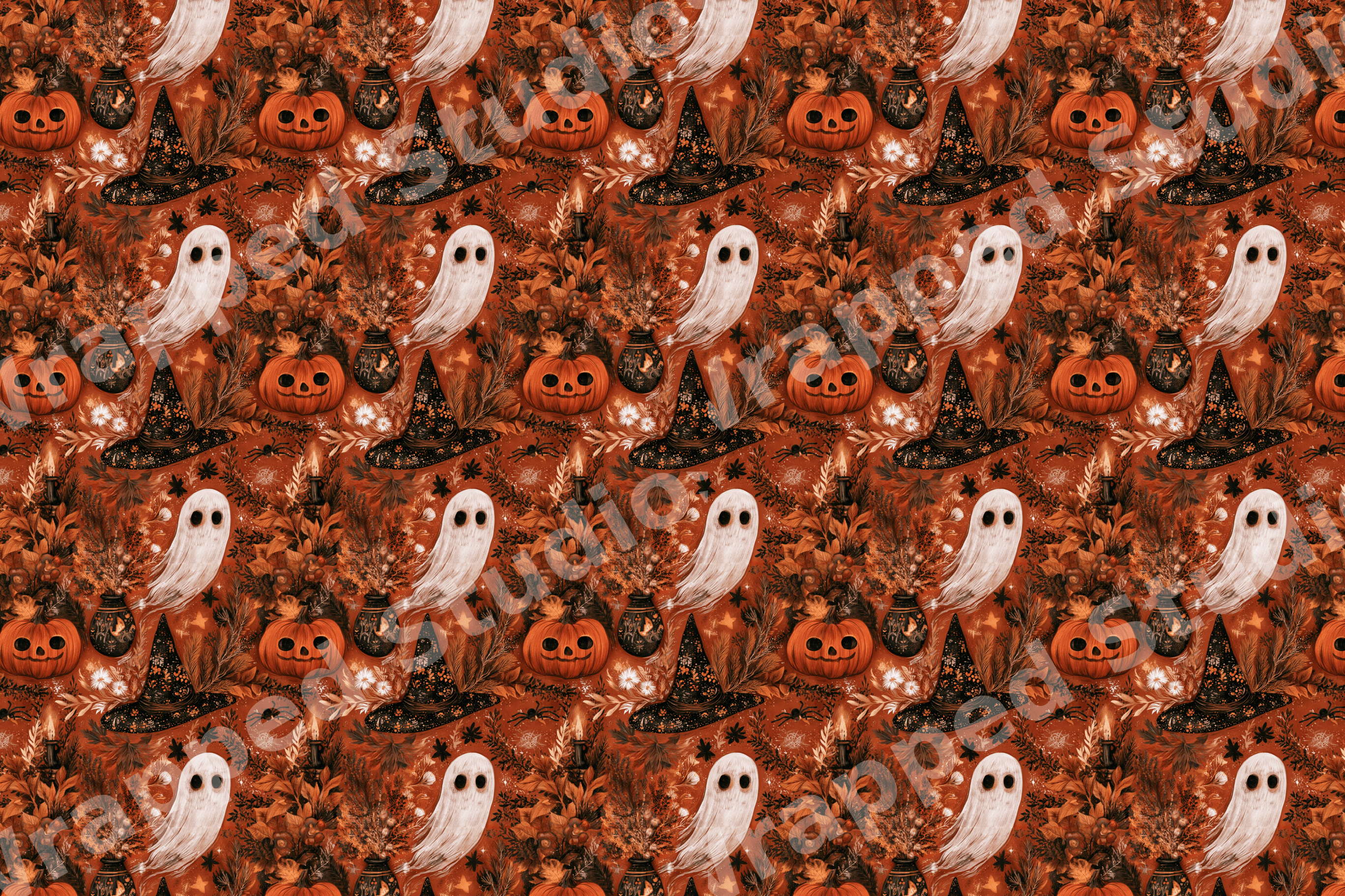 Vintage botanical Halloween pattern with ghosts, pumpkins, and witch hats on a rustic terracotta background.