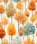 Watercolor trees pattern in warm autumn colors of orange, yellow, red and blue on a light background.
