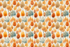 Seamless autumnal tree pattern with orange, brown, and teal watercolor foliage.
