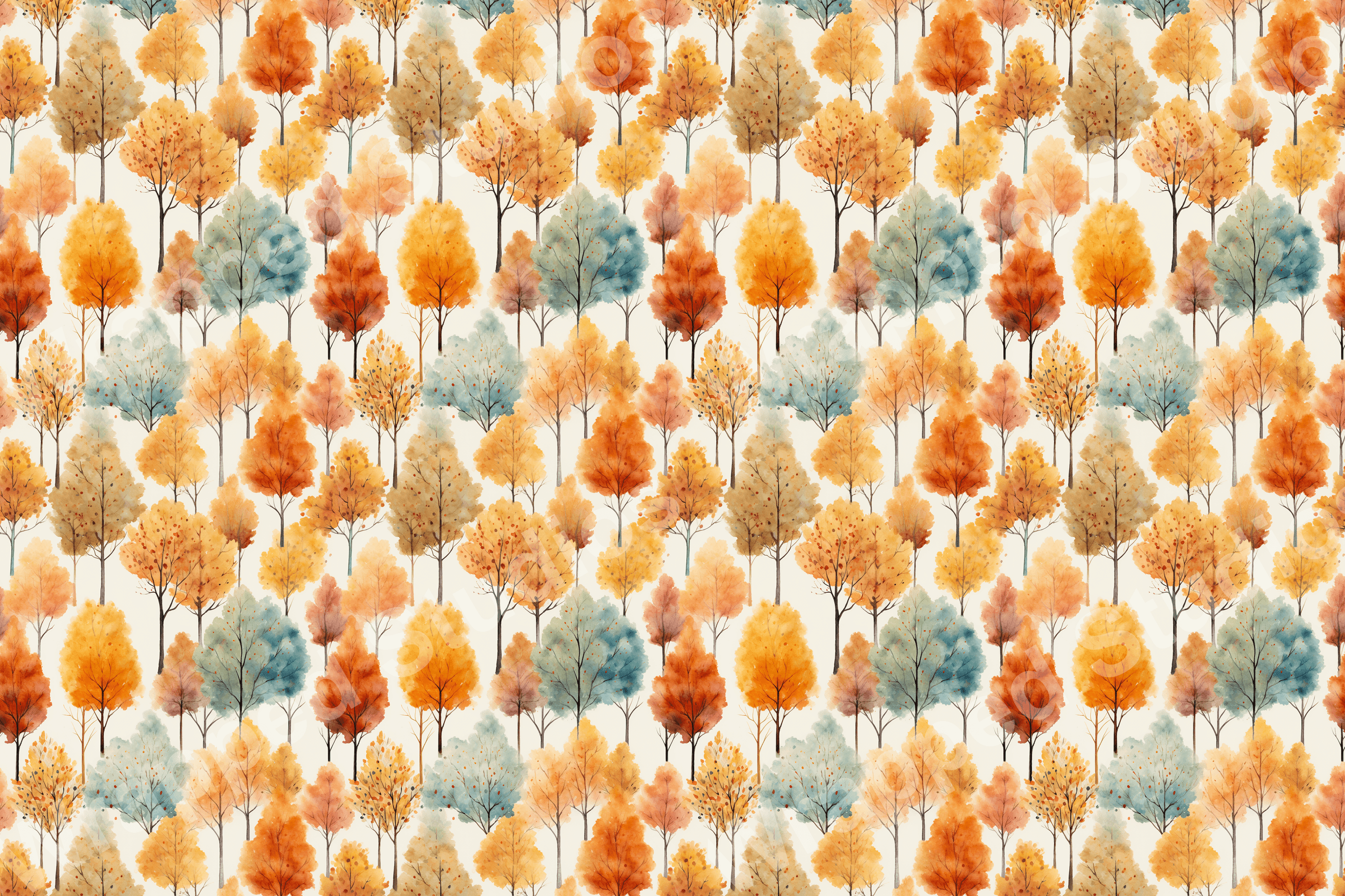 Seamless autumnal tree pattern with orange, brown, and teal watercolor foliage.