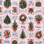 Vintage watercolor holiday pattern featuring Christmas trees, wreaths, and stockings in red and green.