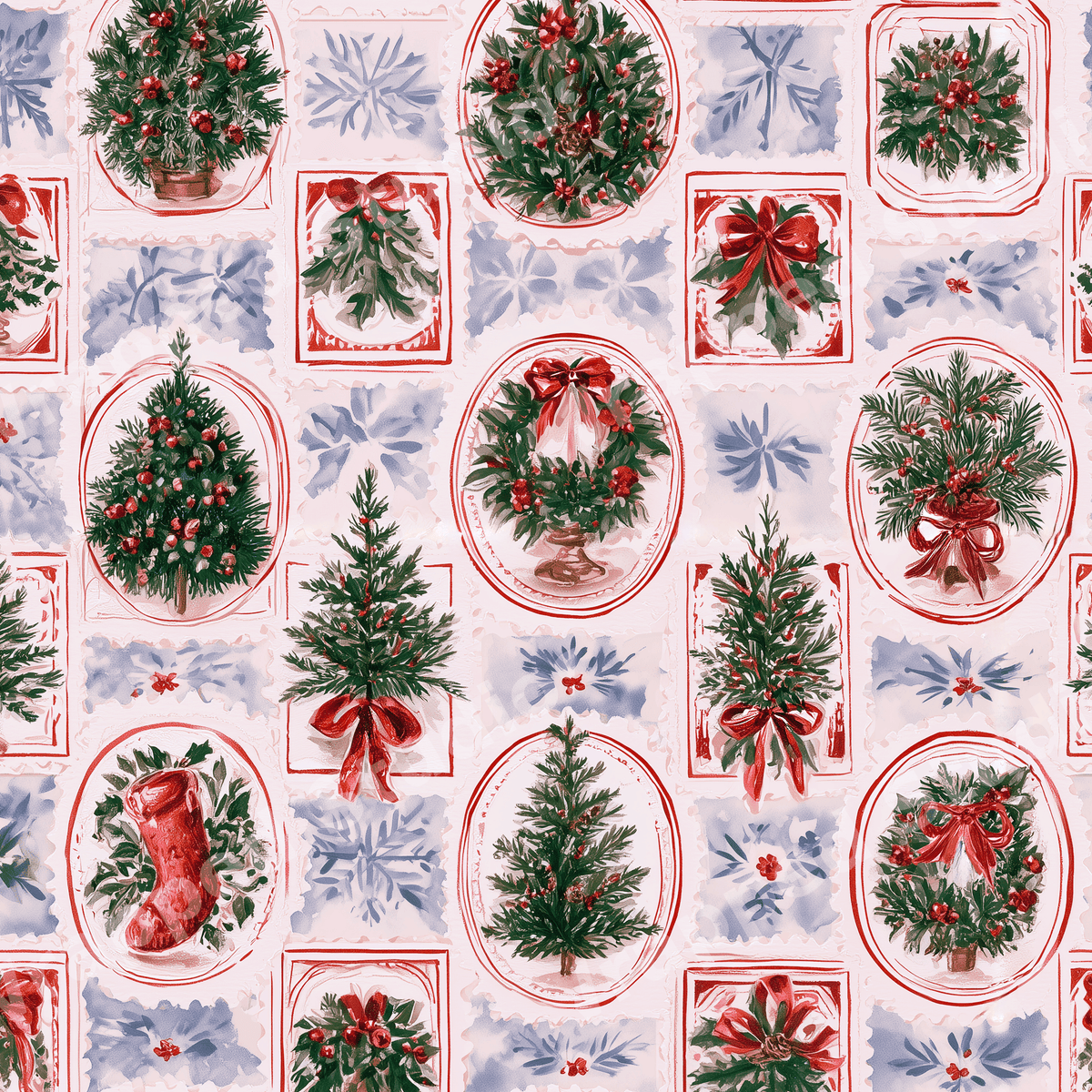 Vintage watercolor holiday pattern featuring Christmas trees, wreaths, and stockings in red and green.