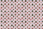 Vintage Christmas pattern with watercolor pine trees, holly wreaths, and red stockings on light pink.