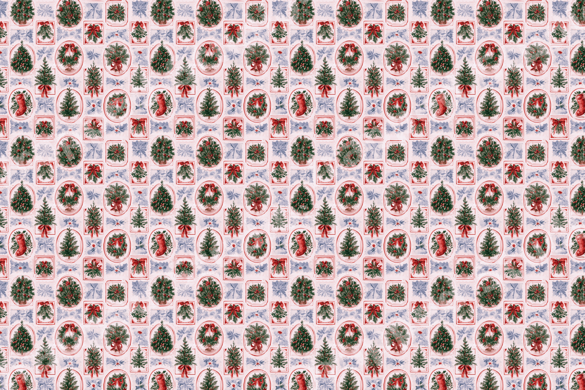 Vintage Christmas pattern with watercolor pine trees, holly wreaths, and red stockings on light pink.