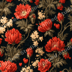 Vintage botanical floral pattern featuring red poppies and cream flowers on a dark background.
