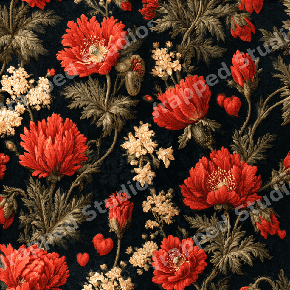 Vintage botanical floral pattern featuring red poppies and cream flowers on a dark background.
