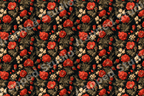 Vintage botanical floral pattern with red flowers and muted green leaves on a dark black background.