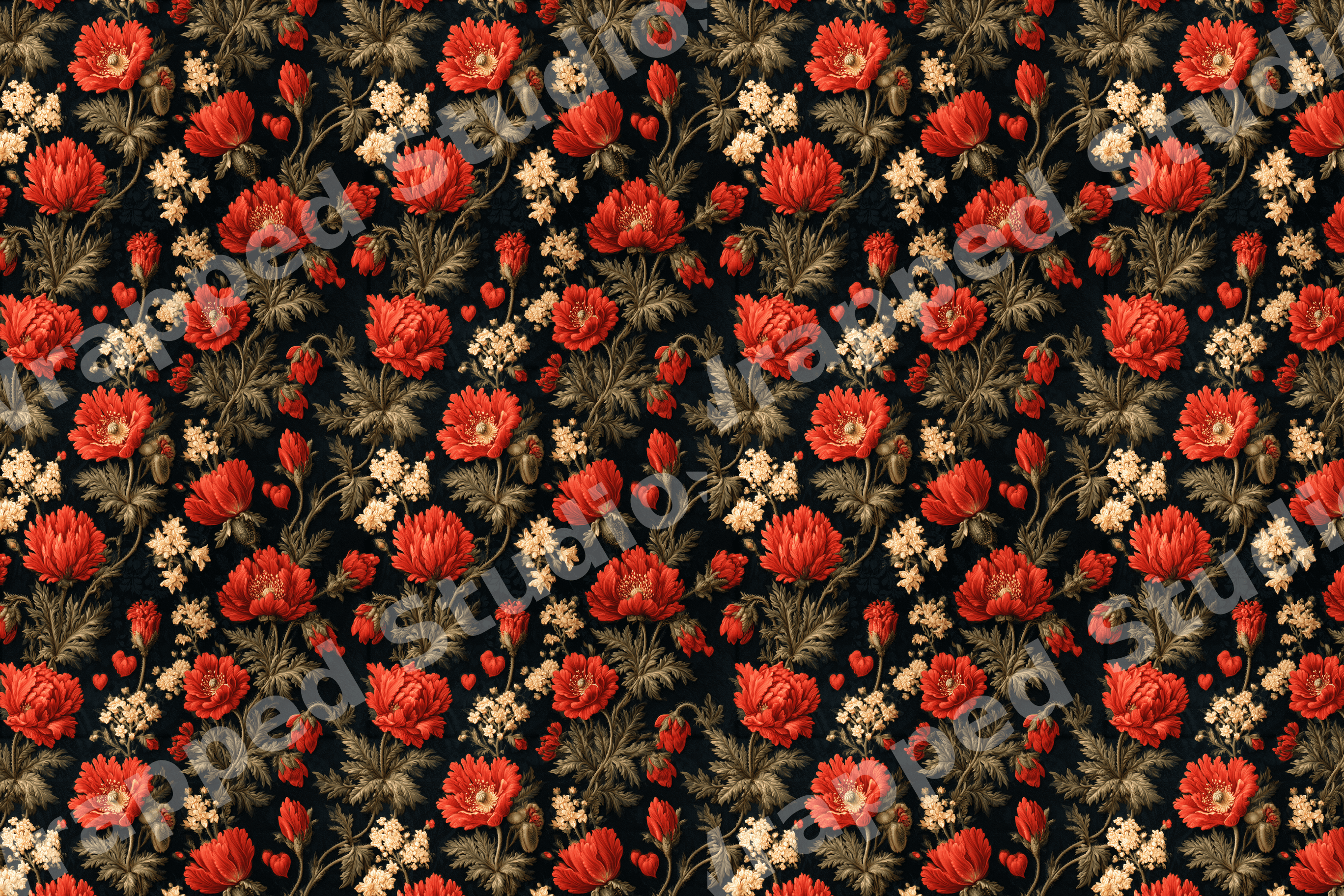 Vintage botanical floral pattern with red flowers and muted green leaves on a dark black background.
