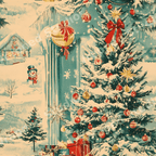 Vintage Christmas pattern with decorated trees, a snowman, and a cozy winter cottage in teal and cream.