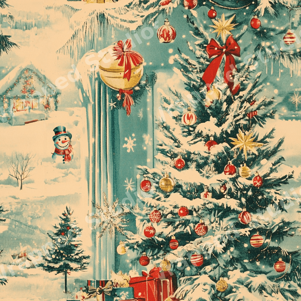 Vintage Christmas pattern with decorated trees, a snowman, and a cozy winter cottage in teal and cream.