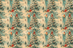 Vintage Christmas pattern with decorated snowy pine trees and red gifts on a retro teal and cream background.
