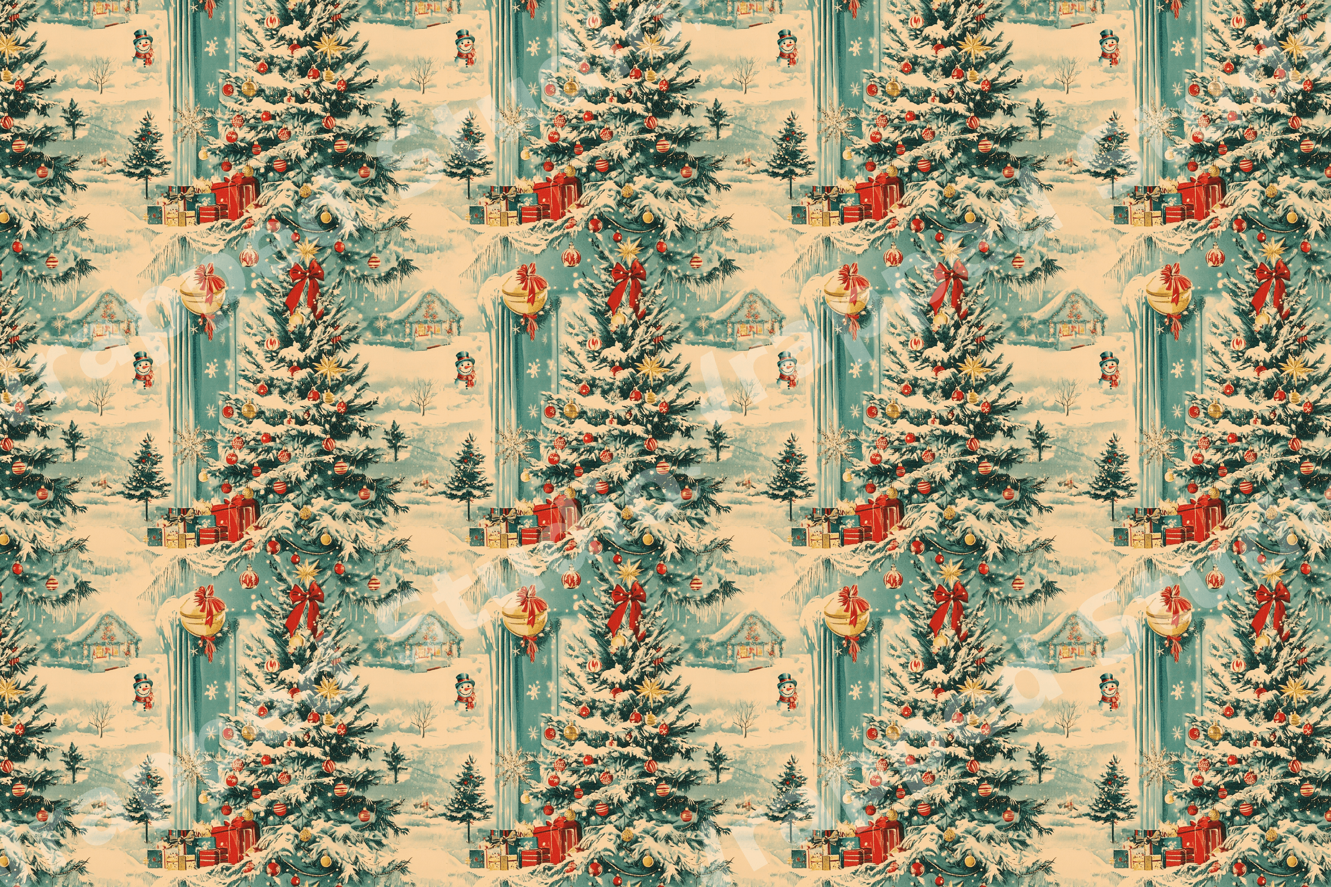 Vintage Christmas pattern with decorated snowy pine trees and red gifts on a retro teal and cream background.