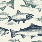 Vintage-style pattern of various fish illustrations in dark blue and green on a cream background.