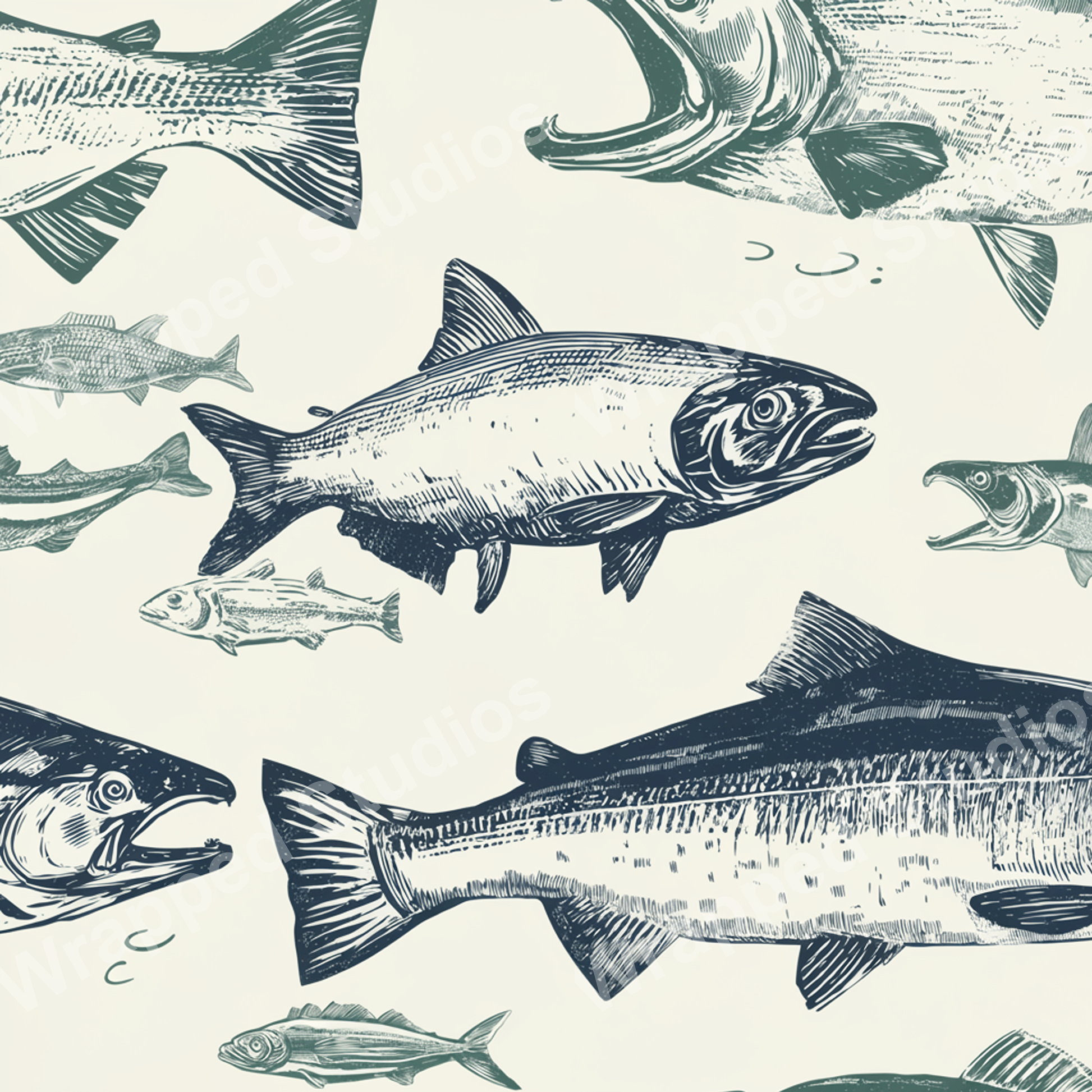 Vintage-style pattern of various fish illustrations in dark blue and green on a cream background.