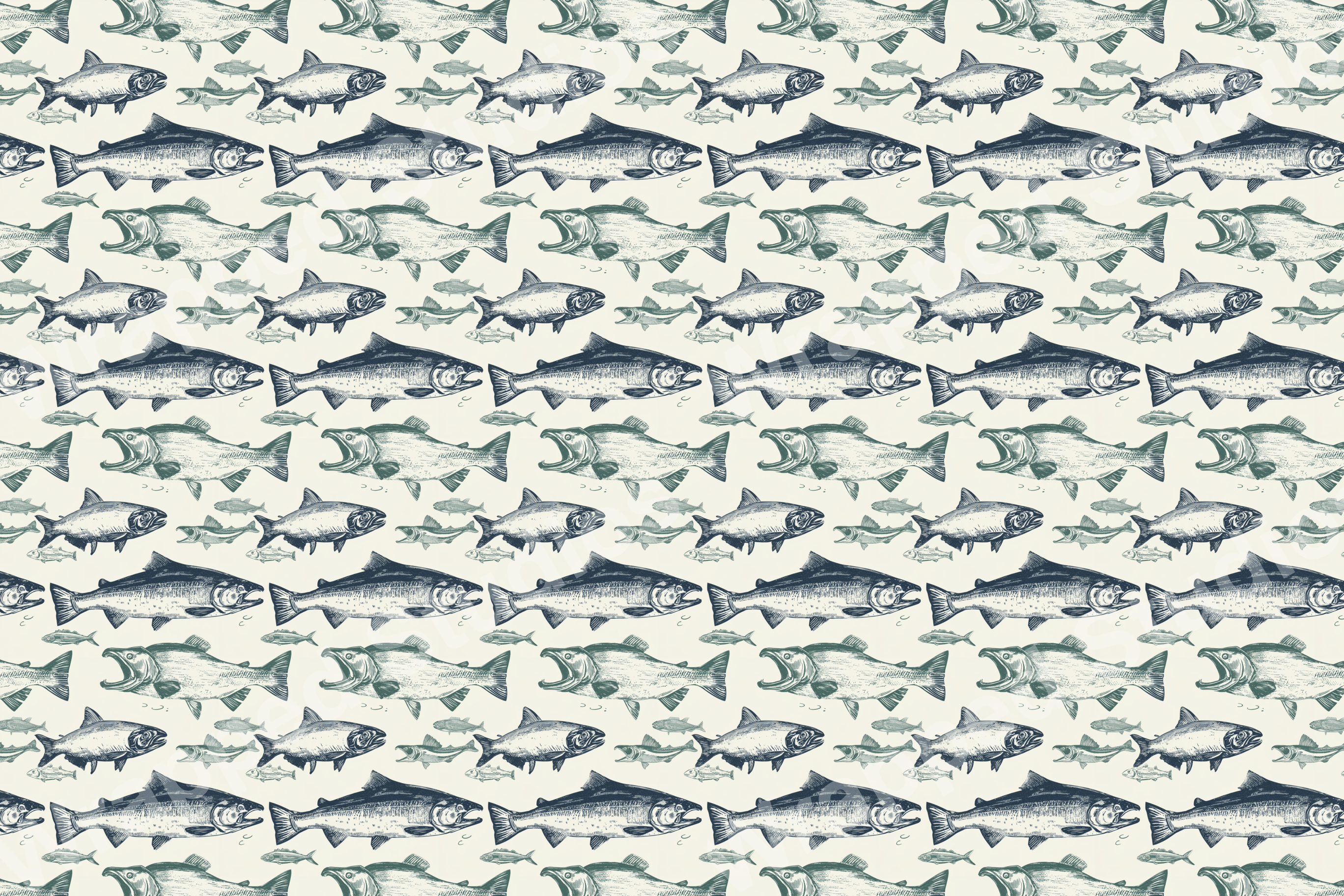 Hand-drawn fish pattern with salmon and small fish motifs in navy and teal on a cream background.