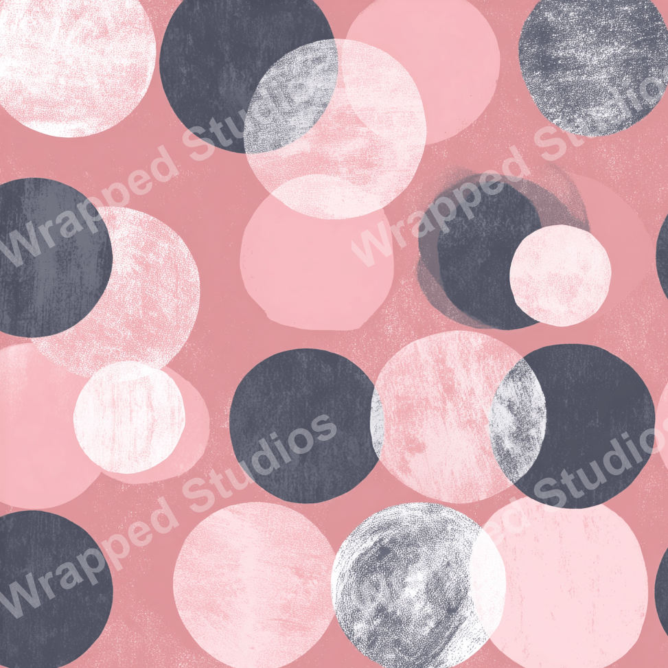 Seamless abstract pattern of overlapping textured circles in blush pink, gray, and white.
