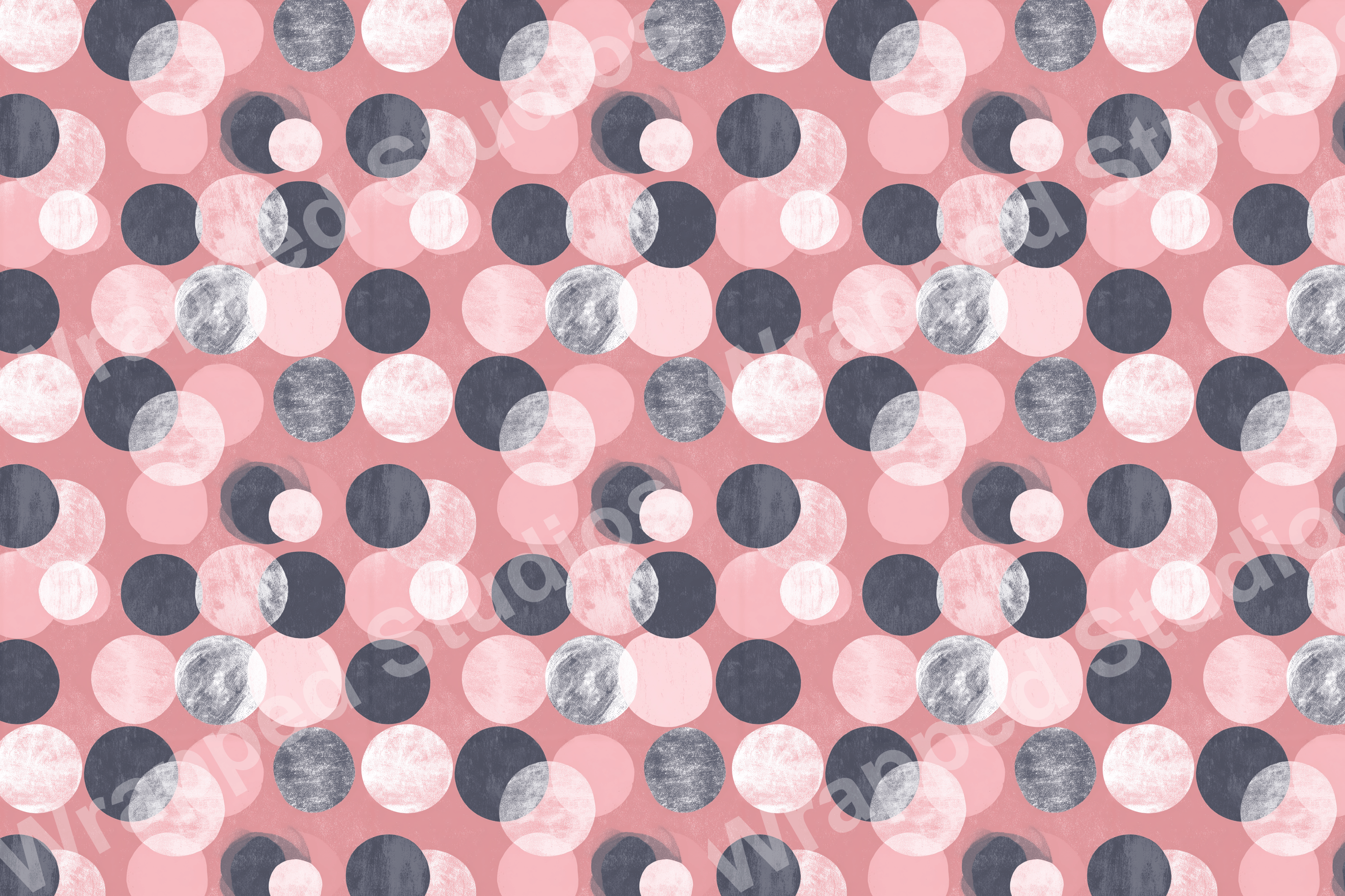 Blush, grey, and white overlapping circles form a modern geometric pattern.
