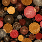 Seamless pattern of stylized, circular fireworks in shades of gold, red, and brown on a black backdrop.