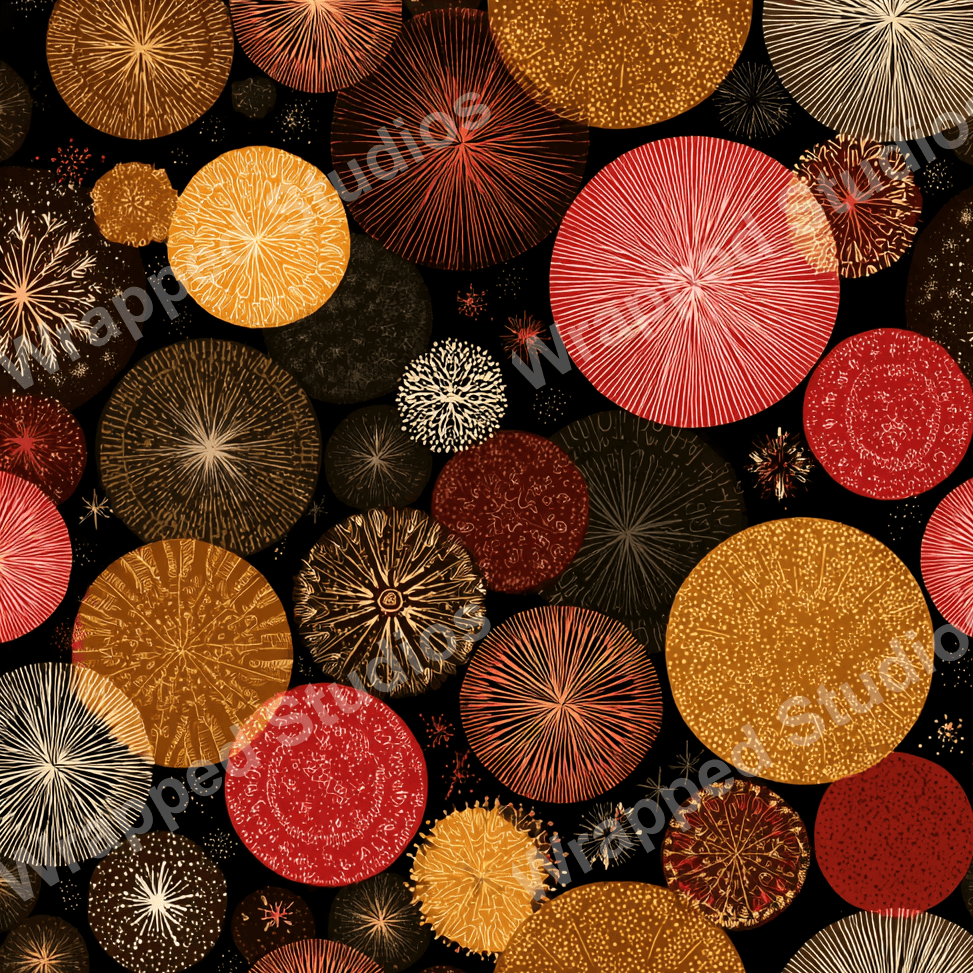 Seamless pattern of stylized, circular fireworks in shades of gold, red, and brown on a black backdrop.