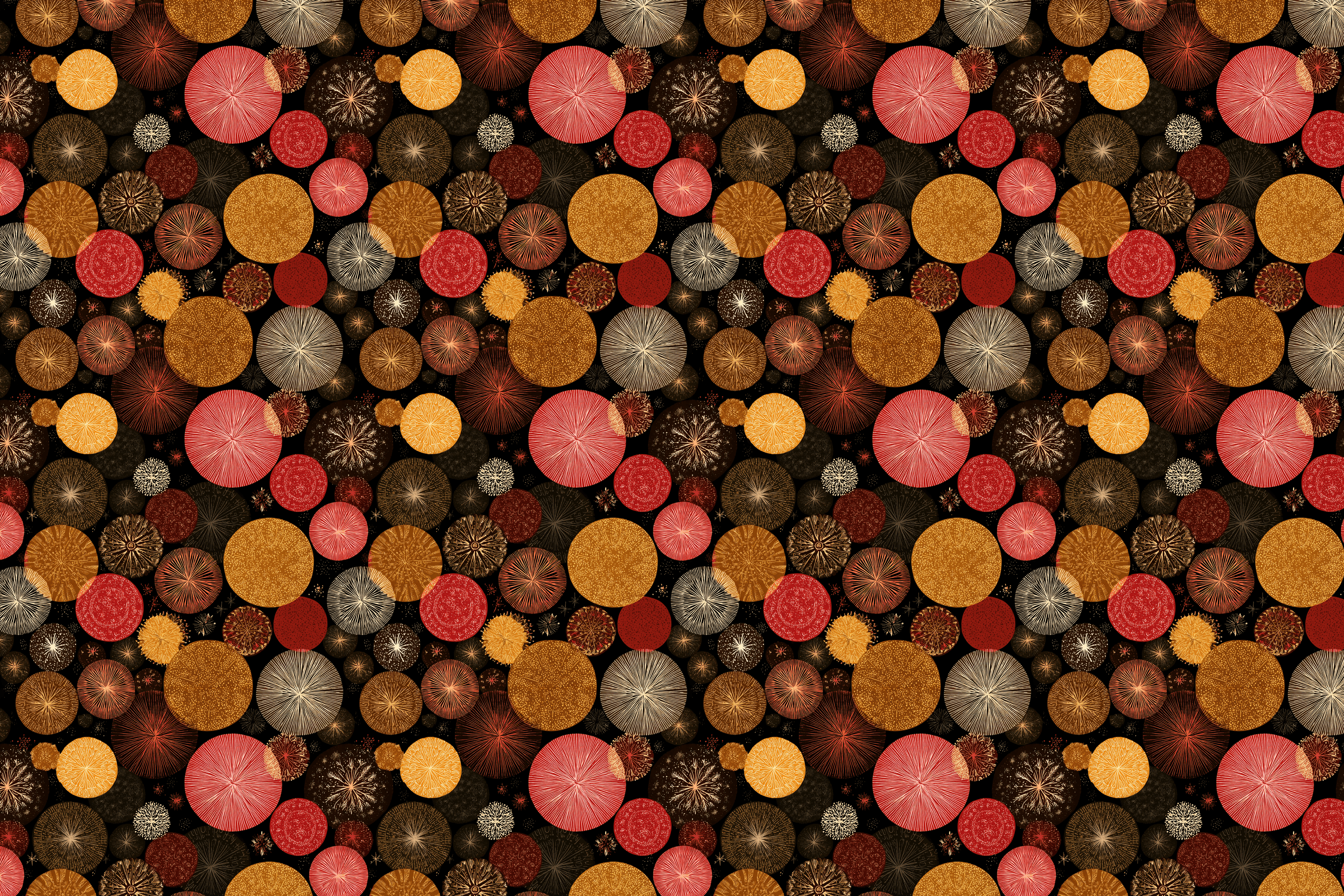 Pattern of multicolored circles on a dark background. Wrapped Studios wrapping paper