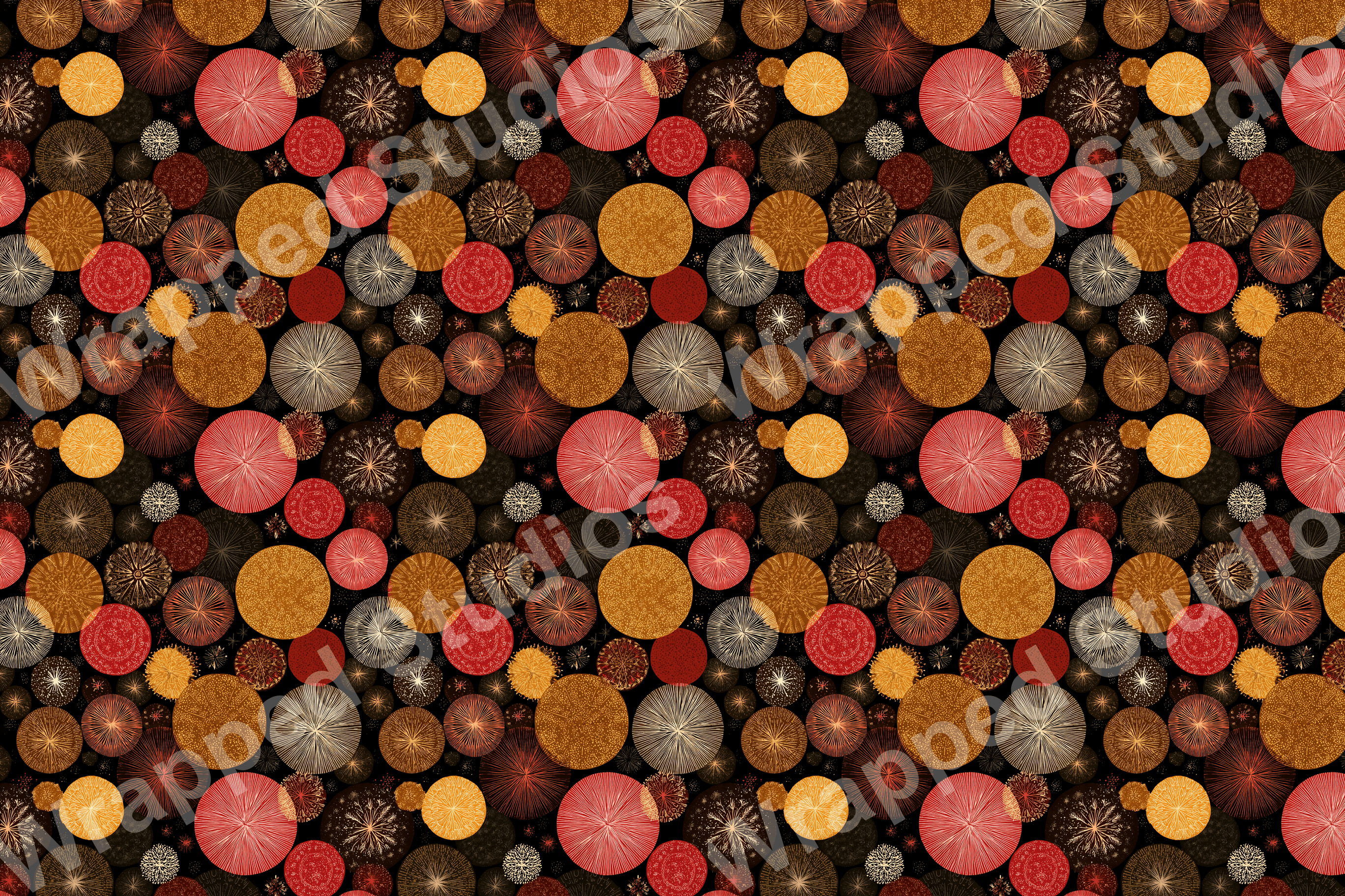 Seamless pattern with circular starbursts and textured dots in shades of gold, brown, and red on black.