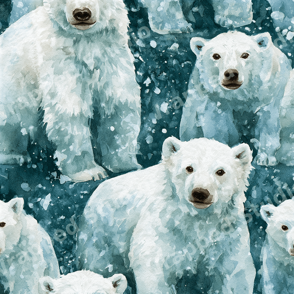 Seamless watercolor polar bear pattern with arctic white bears on a dark teal snowy background.