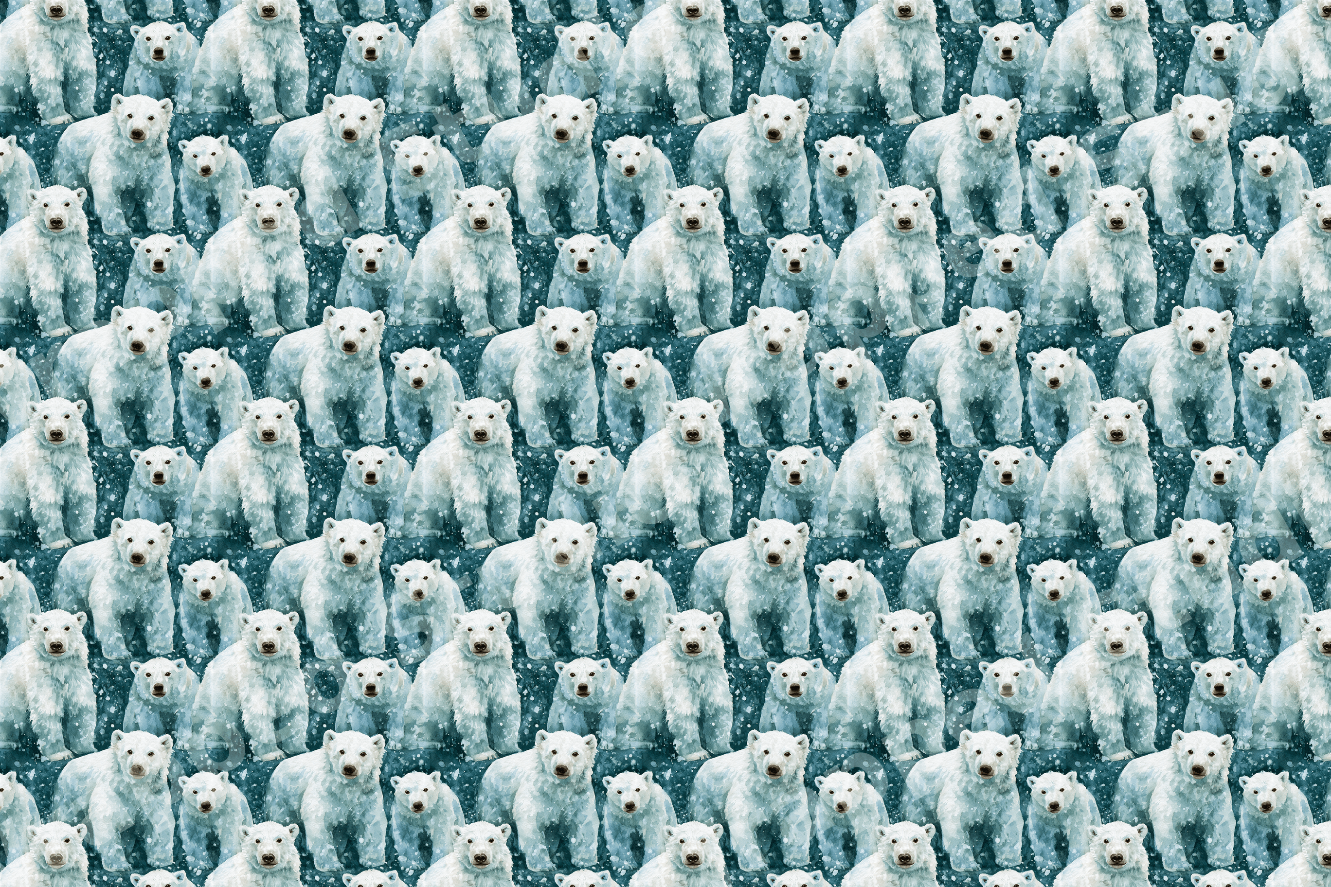 Seamless watercolor polar bear pattern with falling snow on a teal background.